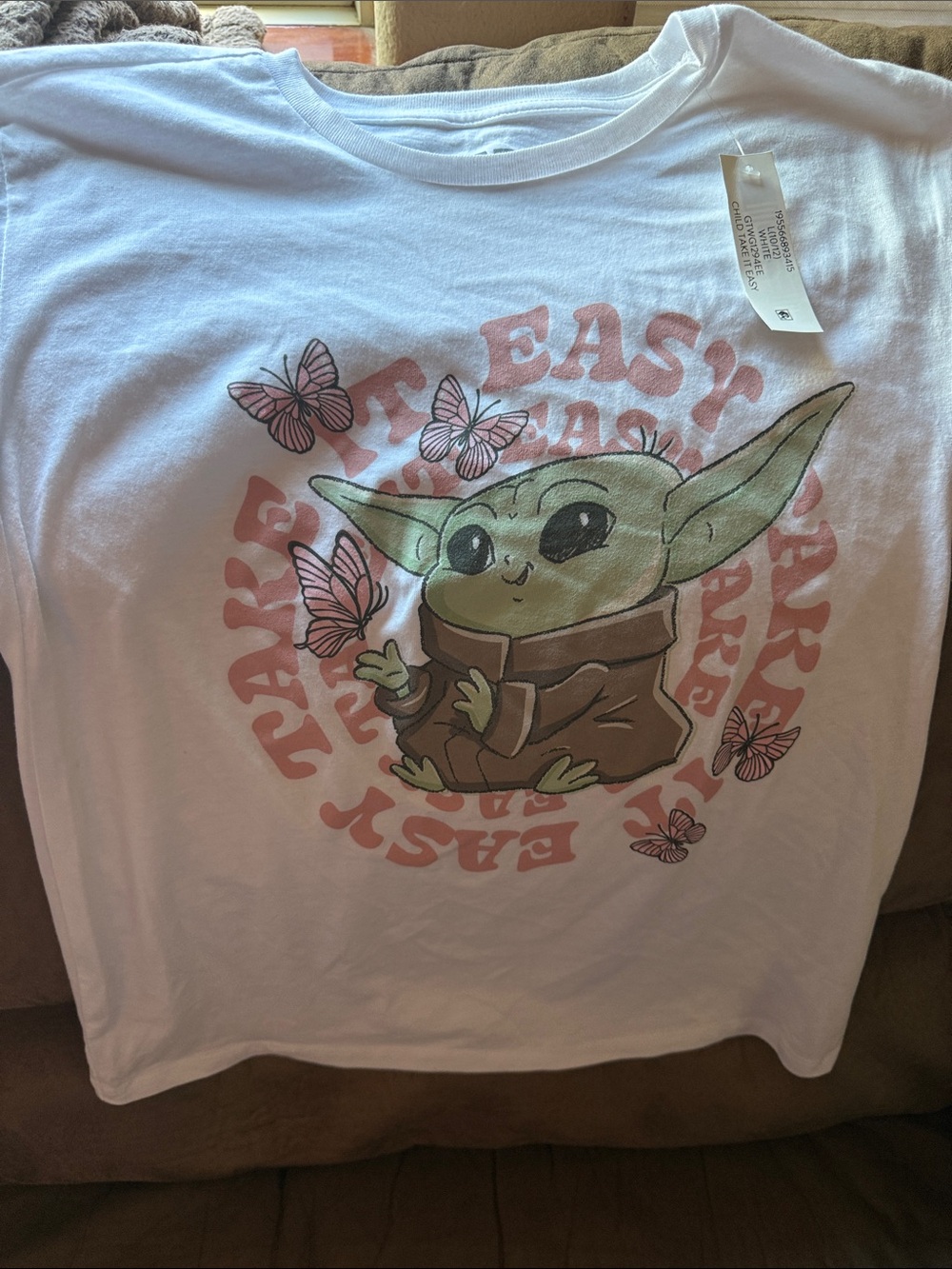 Star Wars White Tee with Green Baby Yoda and Pink Accents